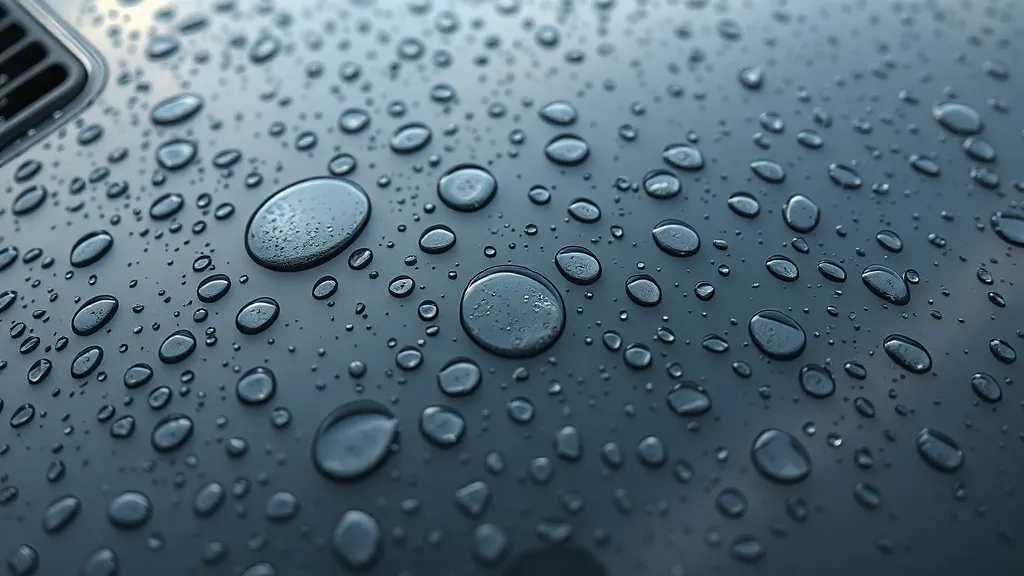 Water droplets on a car surface with chemical etching marks,