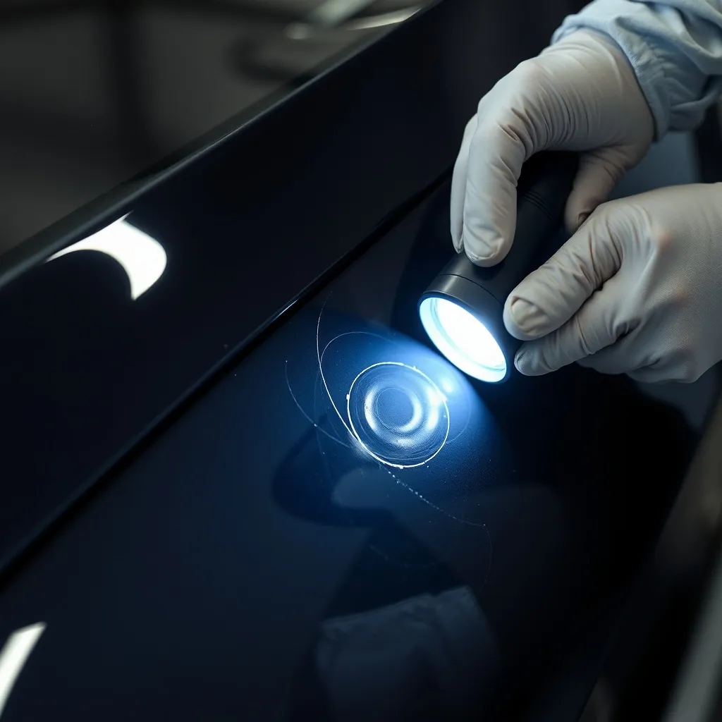 Detailing technician inspecting car paint with a handheld LE