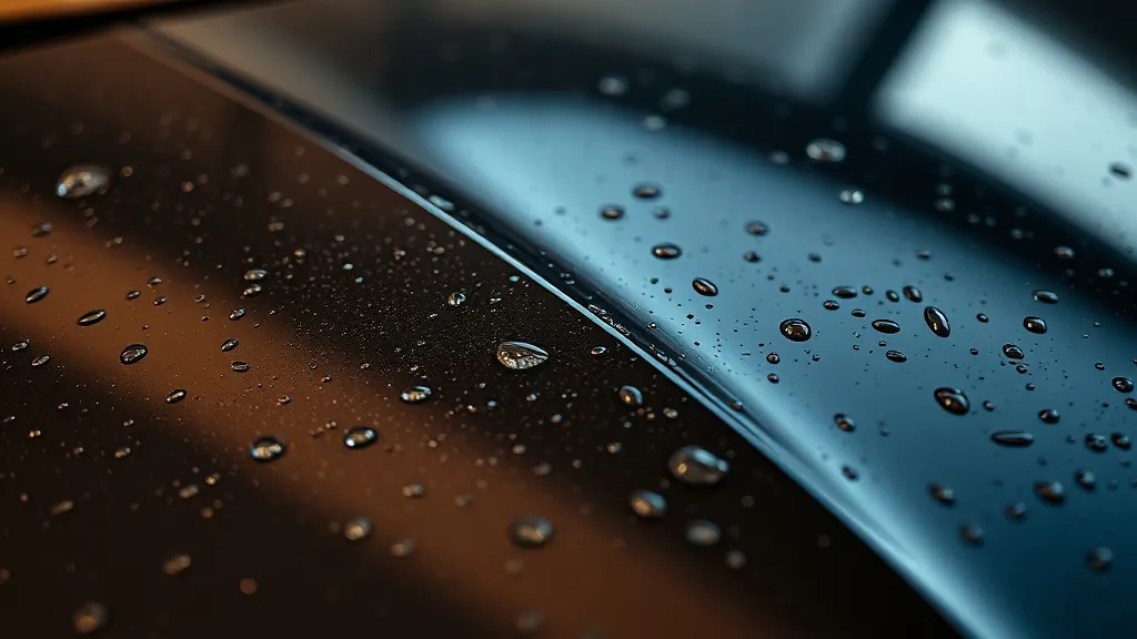 Close-up of water beading on a dark luxury car hood with cer